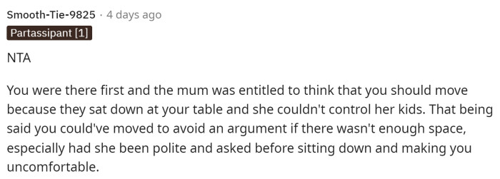 Ultimately, OP and her fiancé were there first, and that's the most significant detail to consider, as it means they don't need to move just because someone else is sitting nearby.