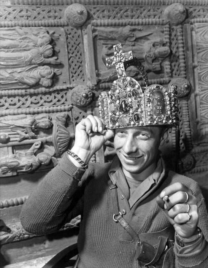 "American Soldier Wearing The Crown Of The Holy Roman Empire In A Cave In Siegen, Germany, On April 3, 1945"