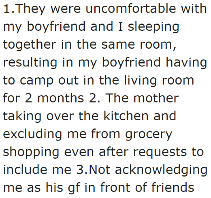 The OP lists some of the demands from her boyfriend's parents.