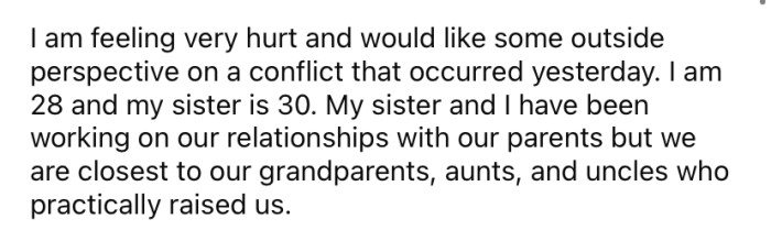 She explained that she and her sister have been trying to repair their relationships with their parents.