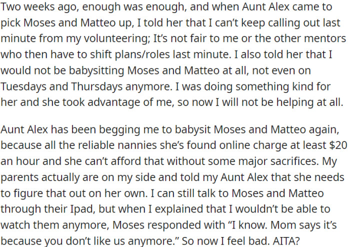 OP told Aunt Alex she couldn't keep babysitting last minute, even on Tuesdays/Thursdays