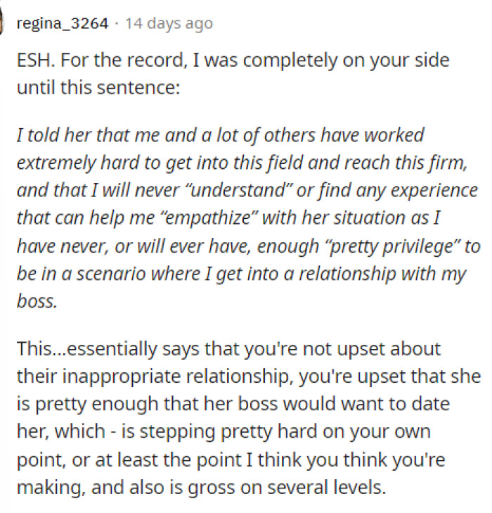 This person pointed out exactly where OP lost her argument, as she's right about what she's upset about.