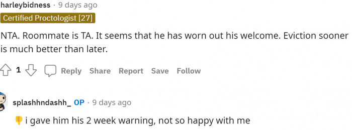She says here that she gave him a two-week warning to get his life together.