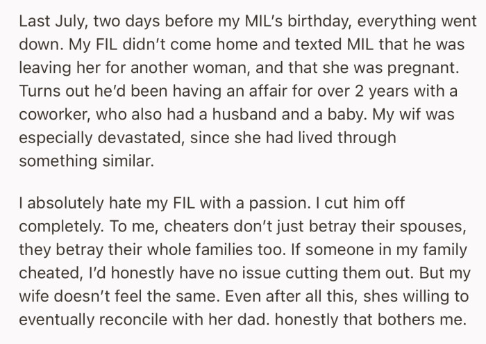 Two days before MIL’s birthday, FIL dropped a bombshell. He was having an affair and had decided to leave to be with his mistress