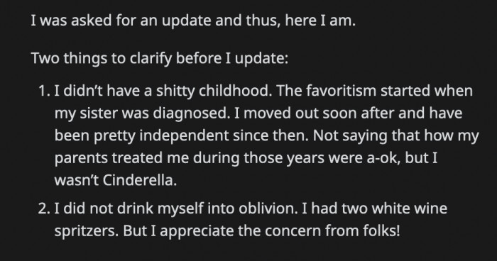 OP posted an update that reassured everyone she didn't drink herself to oblivion but she appreciated everyone checking in on her