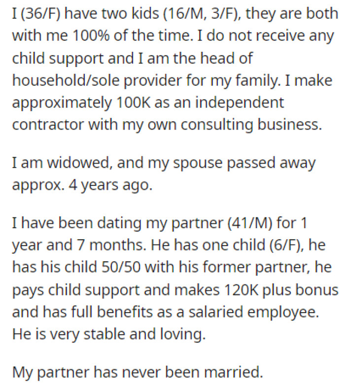 OP is a widow with two kids and she's been dating her current partner for almost two years