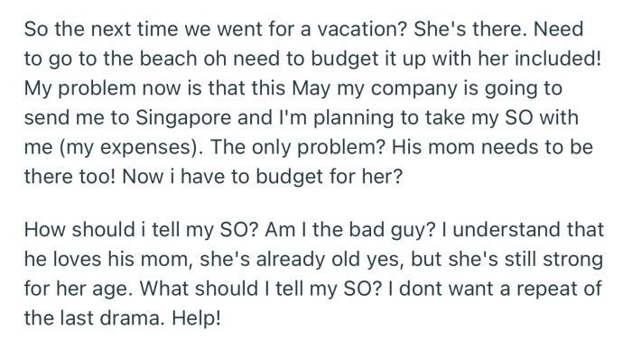 OP is Planning to Take Her Partner Along on a Trip to Singapore, but Her MIL is Adamant About Tagging Along