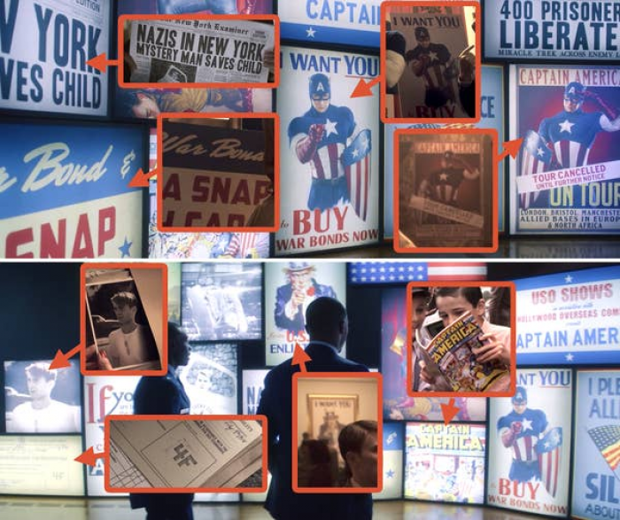 58. The Captain America exhibit in 'The Falcon and the Winter Soldier' has a wall of documents that appear in 'Captain America: The First Avenger'