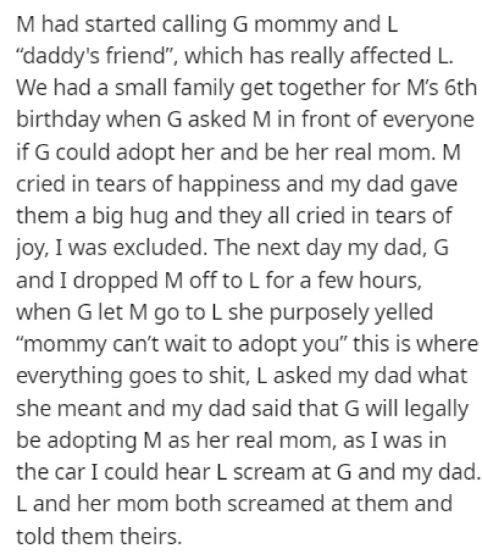 The New Stepmom Decided to Adopt OP's Half-Sister, Which Caused the Ex-Stepmom to Go Crazy After Hearing It