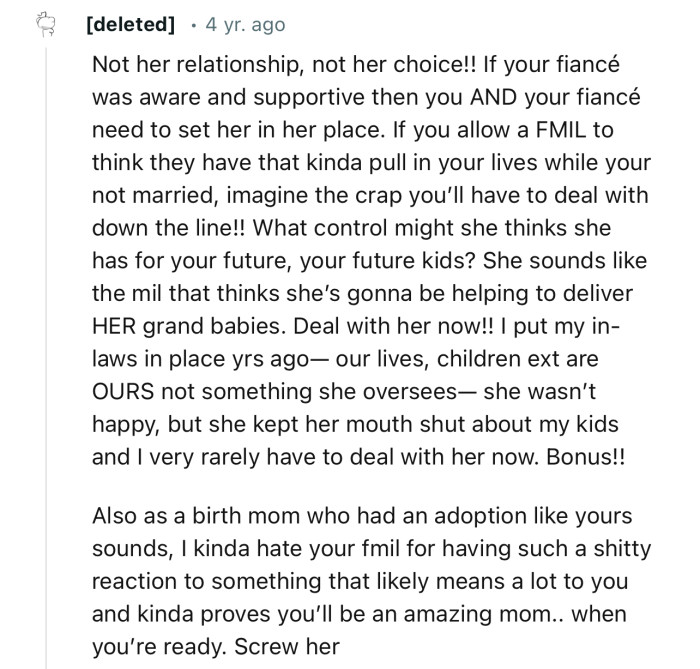 “If your fiancé was aware and supportive, then you AND your fiancé need to set her in her place.”