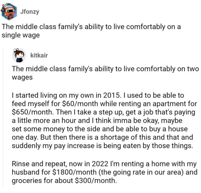 29. The ability for a family to survive on two wages