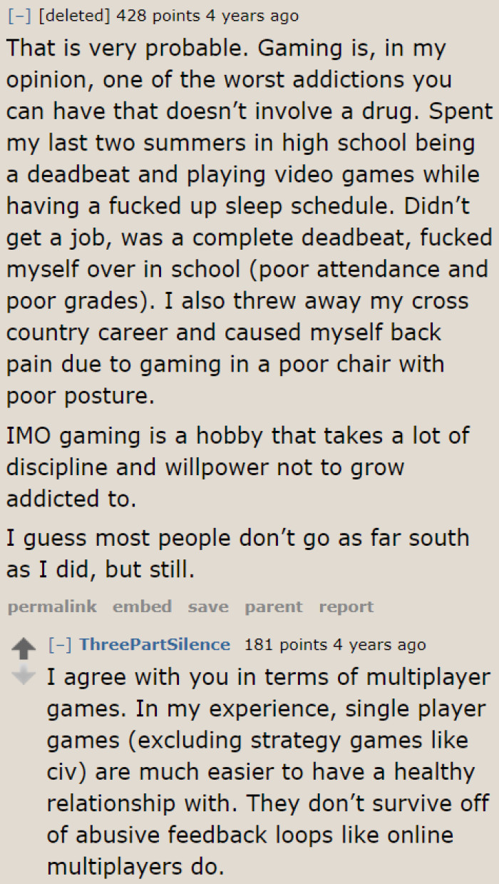 A Redditor shares his experience with gaming addiction.
