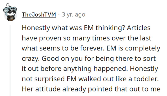 EM's departure had the dramatic flair of a toddler's exit from a candy store. But hey, in a clash of logic versus craziness, the cat's safety always wins!