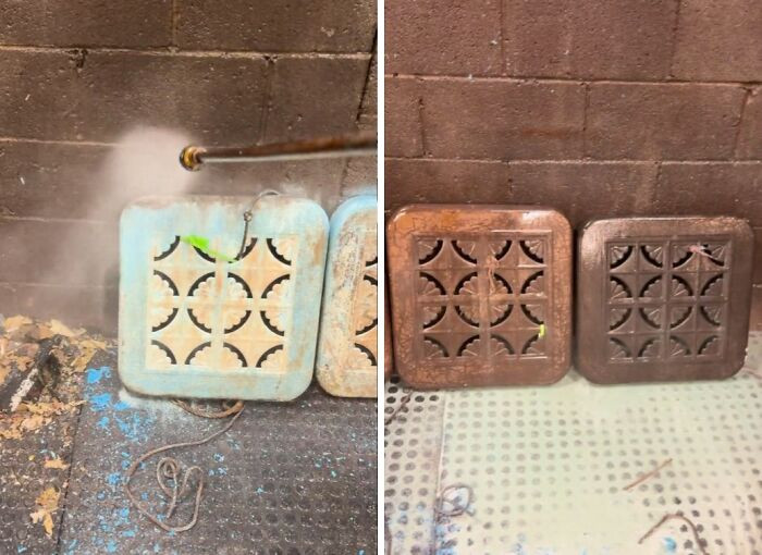 "Powerwashing Paint Off Of Old Lawn Chair Seats After A Chemical Paint Removal Dip"