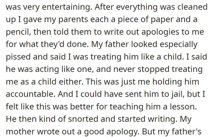 After cleaning, OP asked the parents for apologies—father resisted, but the mother offered a sincere one. They chose to teach a lesson rather than pressing charges, aiming for accountability.