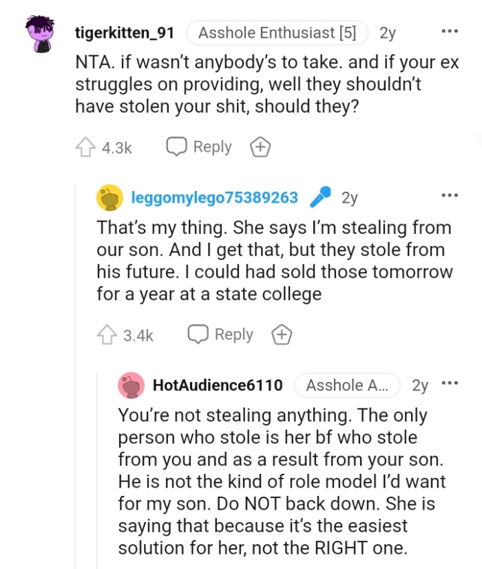 She says the OP is stealing their son but they stole his future