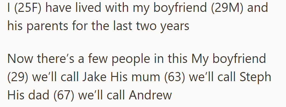 OP (25F) has been living with her boyfriend, Jake (29M), and his parents, Steph (63) and Andrew (67), for the past two years.