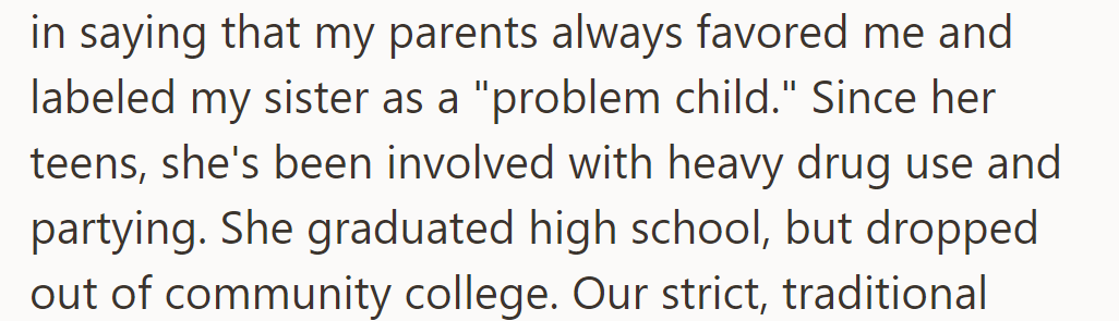 Parents favored OP; sister struggled with drugs and dropped out of college.