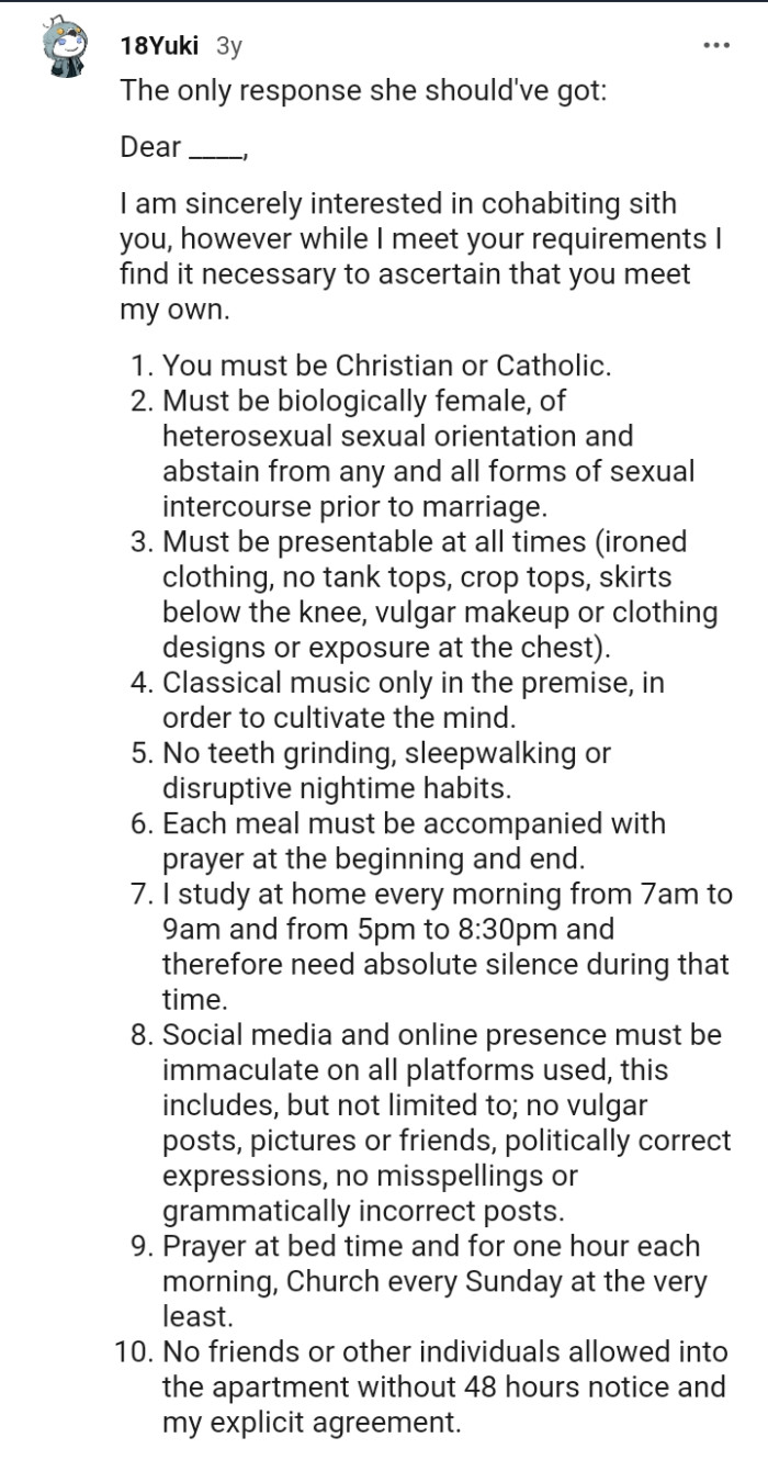 This redditor is writing the only response befitting such a list