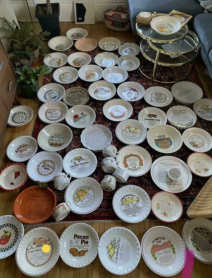 "Half Of My Collection Of Old Dishes With Recipes Printed On Them"