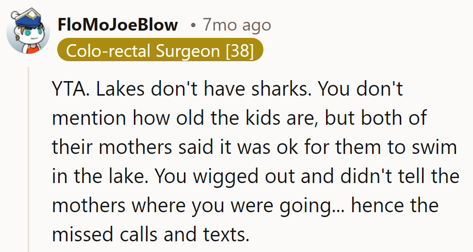 OP is Deemed TA for Panicking About Sharks in a Lake and Not Communicating Their Whereabouts After Leaving with the Kids.