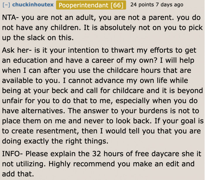 The mom should also be thinking about her daughter's future.