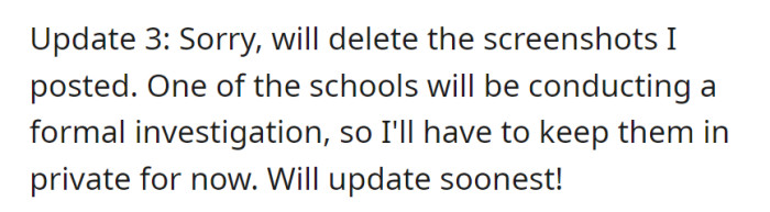 Update 3: Deleting posted screenshots as one of the schools launches a formal investigation. Updates coming soon!