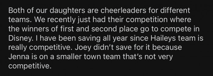 Both OP's daughter and her husband's are part of a different cheerleading team.