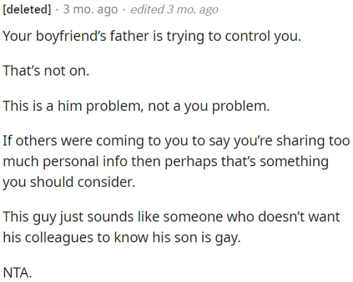 He seems more concerned about concealing his son's sexuality at work.