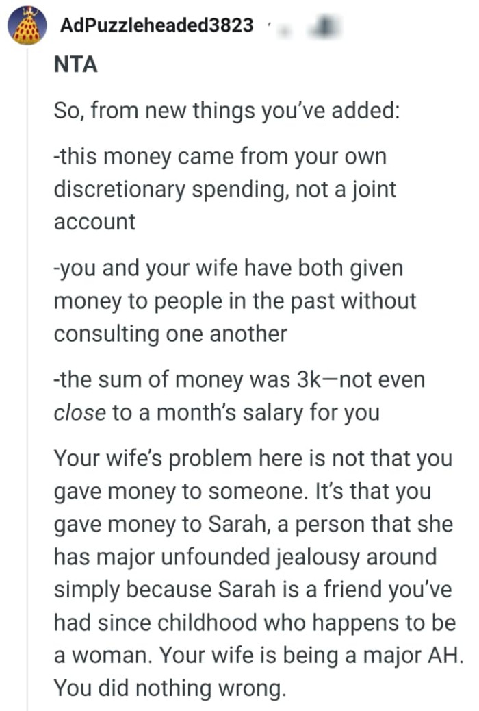 The wife's problem is not the money given to Sarah