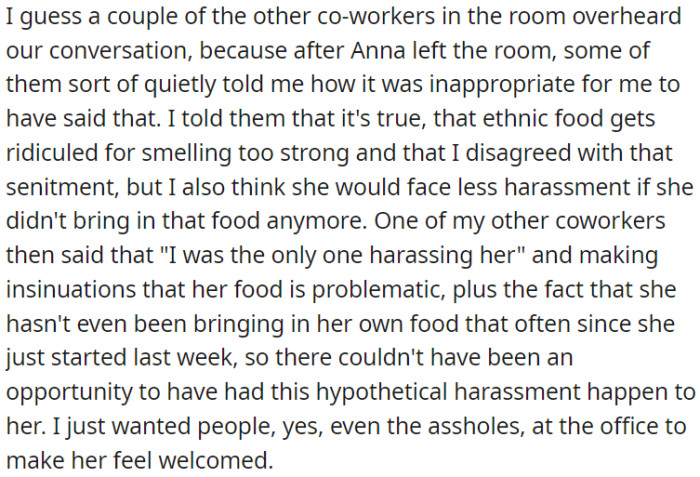 Some colleagues overheard their conversation and found it inappropriate, and one coworker accused OP of being the only harasser.