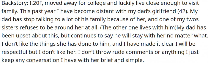 OP moved away for college but was close enough to visit family. This past year, she has become distant from her dad's girlfriend (42)