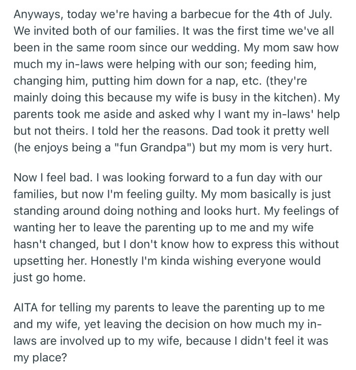 OP’s mom feels hurt that the other grandparents can help out, while she has been banned from doing so