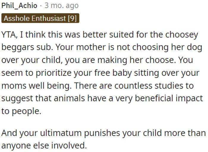 Prioritizing free babysitting over her mom's well-being is unfair.