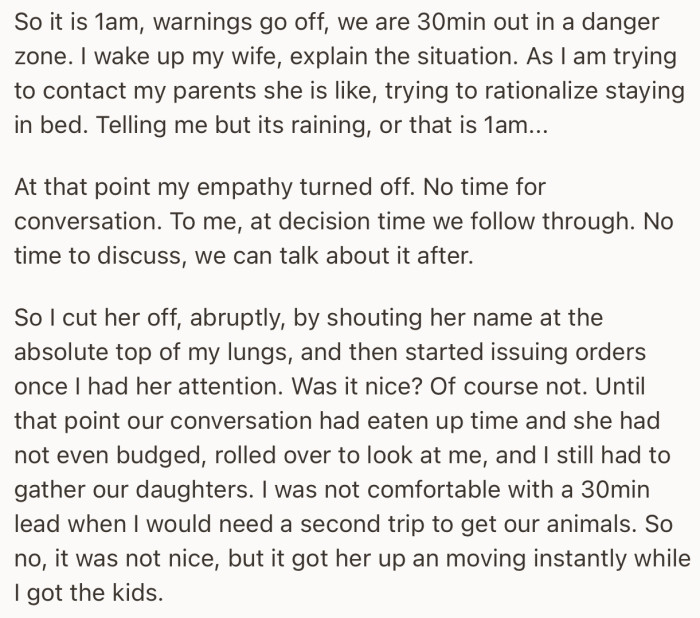 He had to yell at his wife to get moving, as she was delaying, even after informing her about the incoming tornado