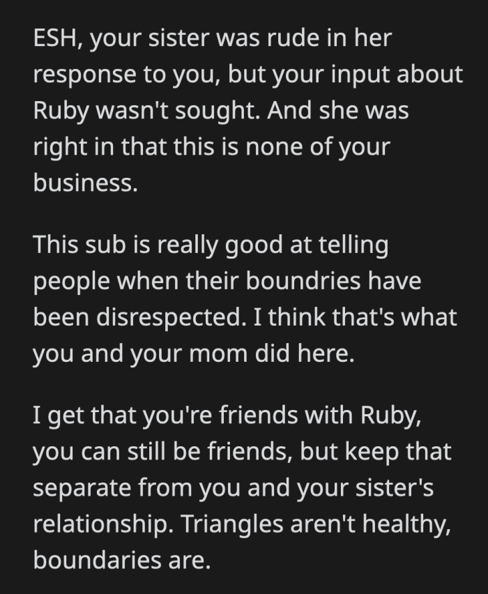 OP and her mom should have let Anne deal with her problems with Ruby in her own time, the commenter said