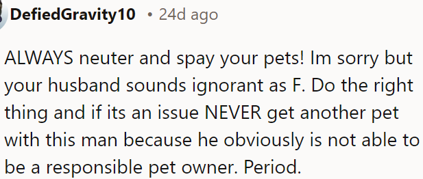 Always neuter and spay your pets, and if the partner disagrees, they may not be a responsible pet owner.