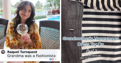 Lady Gains Popularity On Social Media After Trying On Her Grandma’s 1950s Honeymoon Dresses