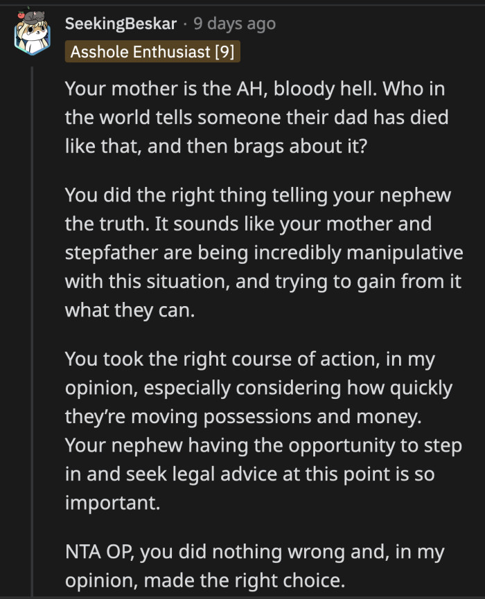 Her nephew will forever be grateful for OP's intervention; without her, he would have lost any ties to his father.