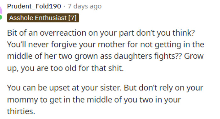 Some people believe that it was an overreaction on her part because it seems unreasonable to be mad at her mom.