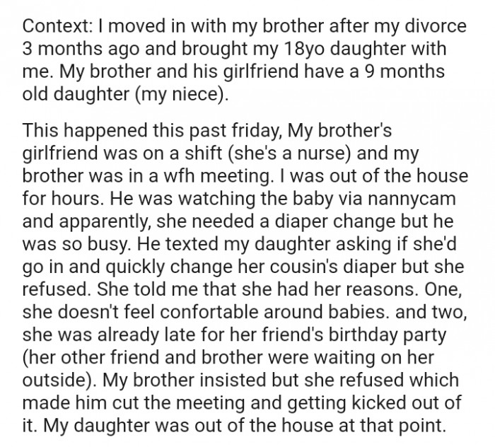 He texted my daughter asking if she'd go in and quickly change her cousin's diaper