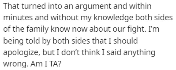Both sides of the family are telling OP to apologize