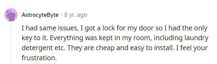 A lock and key: the roommate-repelling secret weapon! They've turned their room into a sanctuary of cleanliness and sanity, sharing the OP's frustration.