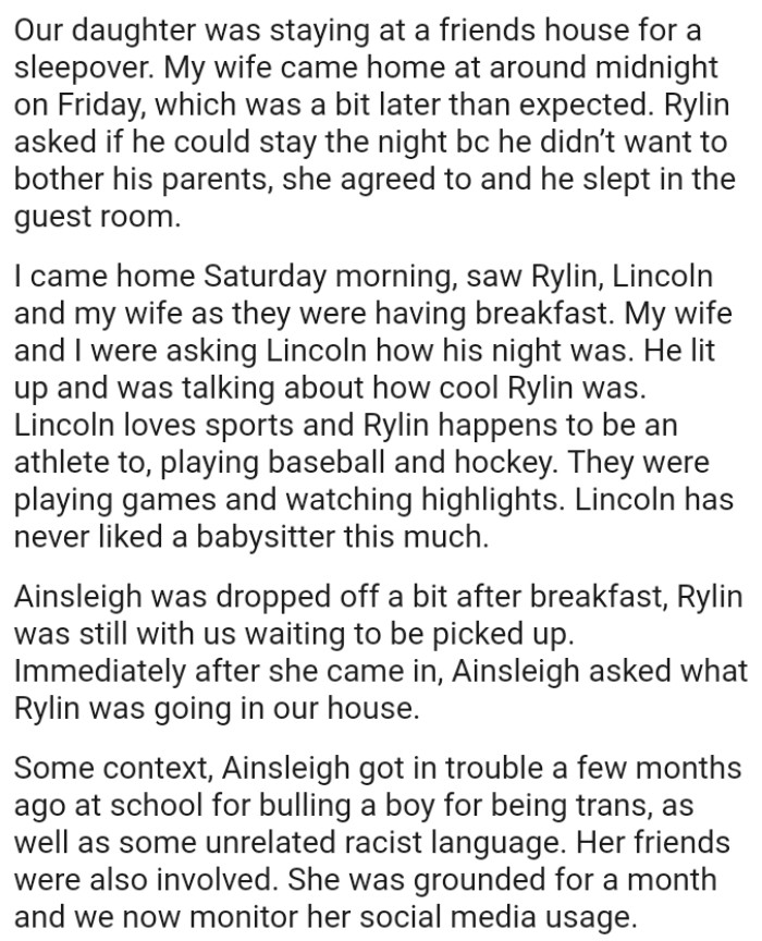 The new babysitter loves sports and the OP's son happens to be an athlete too, playing baseball and hockey