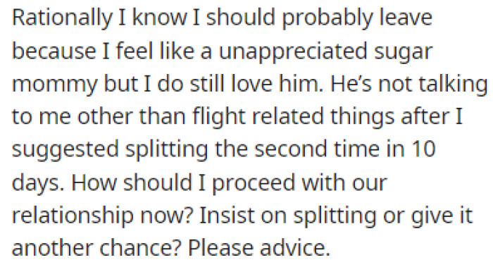 OP loves him, but she feels unappreciated