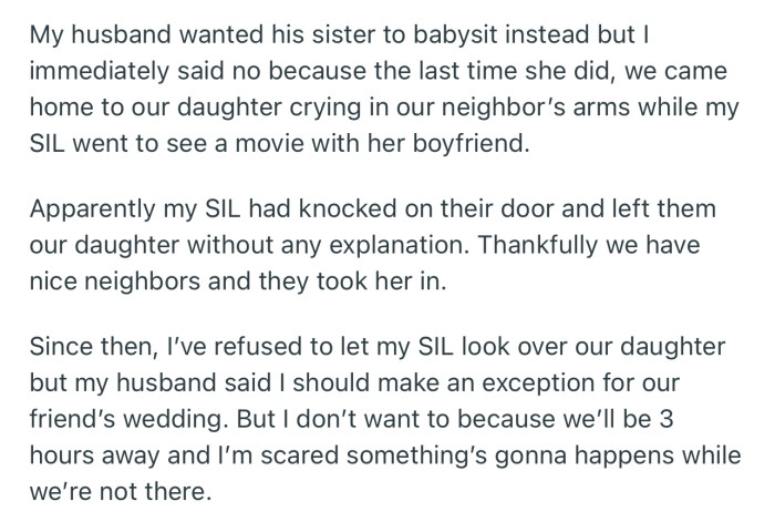 OP’s husband suggested that they leave their daughter with his sister. But she refused