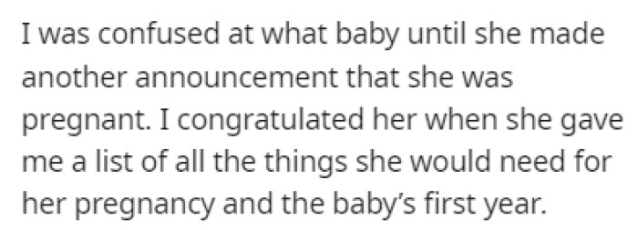 The daughter gave OP a list of things the baby needs