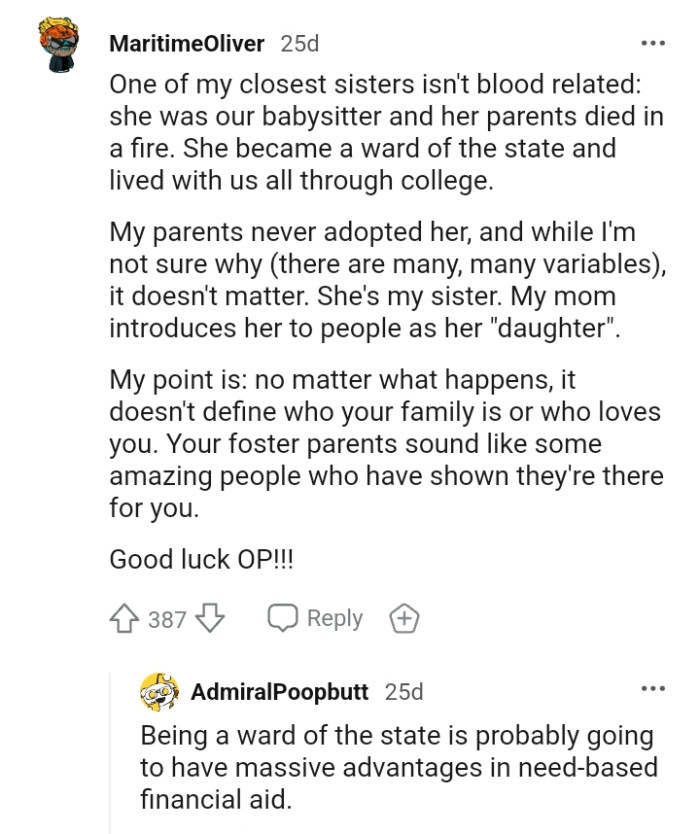 A babysitter whose parents died in a fire is this Redditor's closest sister