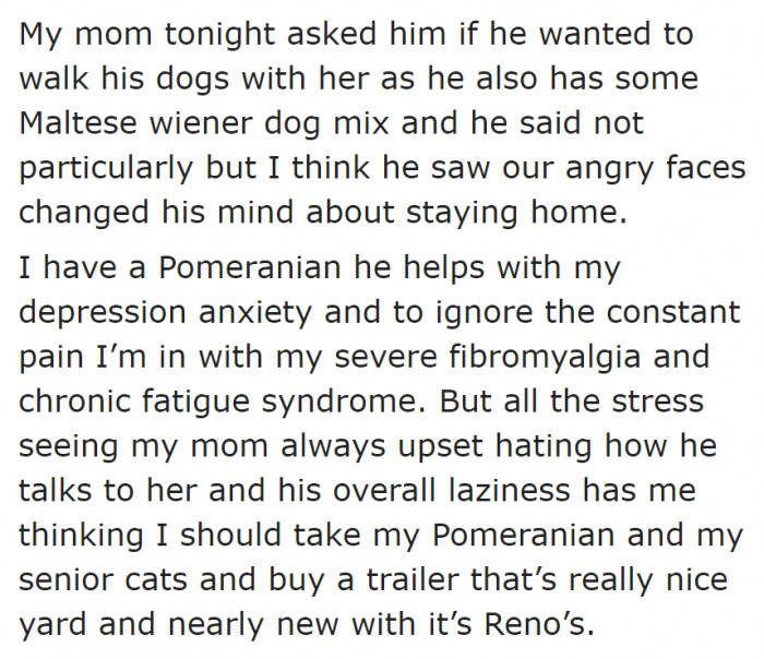 The OP wants to move out with the pets she owns.