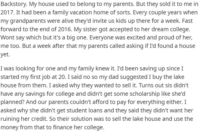 The family vacation home became OP's property when his parents sold it in 2017.